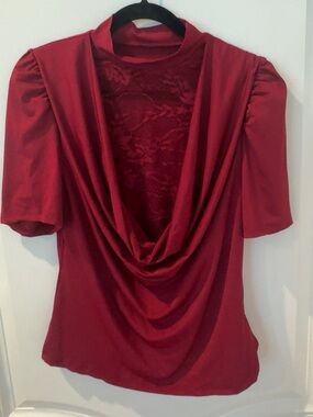 SHEIN 0XL Burgundy Lace Cowl Neck Draped Top Puff Sleeve Plus Size Dressy